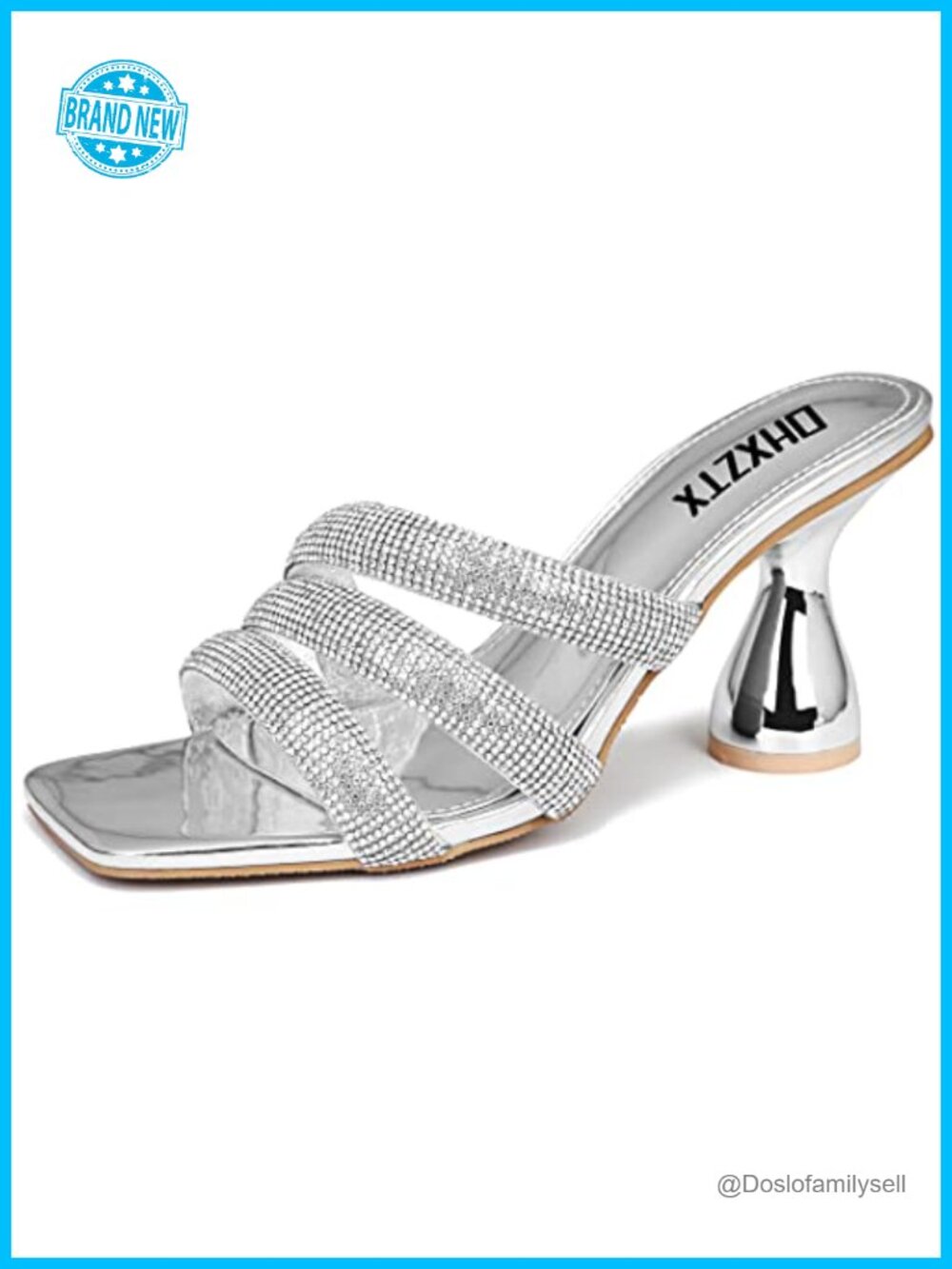 Rhinestone Square Toe Kitten Heels Mules Sandals Slip On Wedding Casual